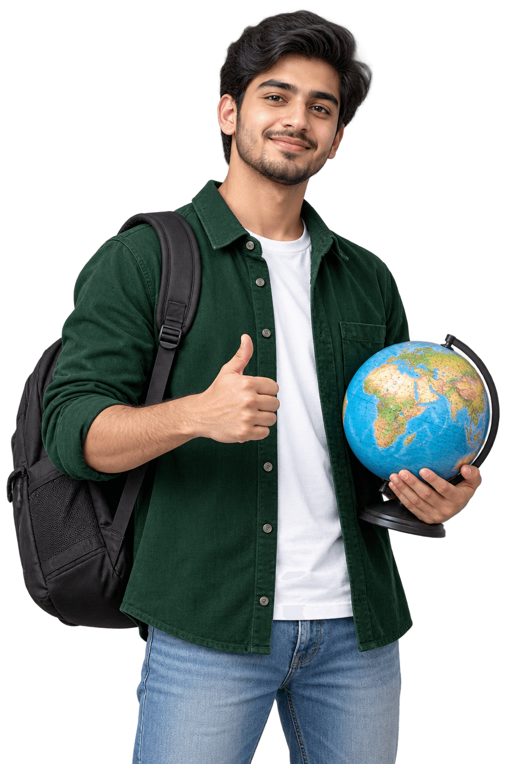 A student holding a globe and preparing to study abroad